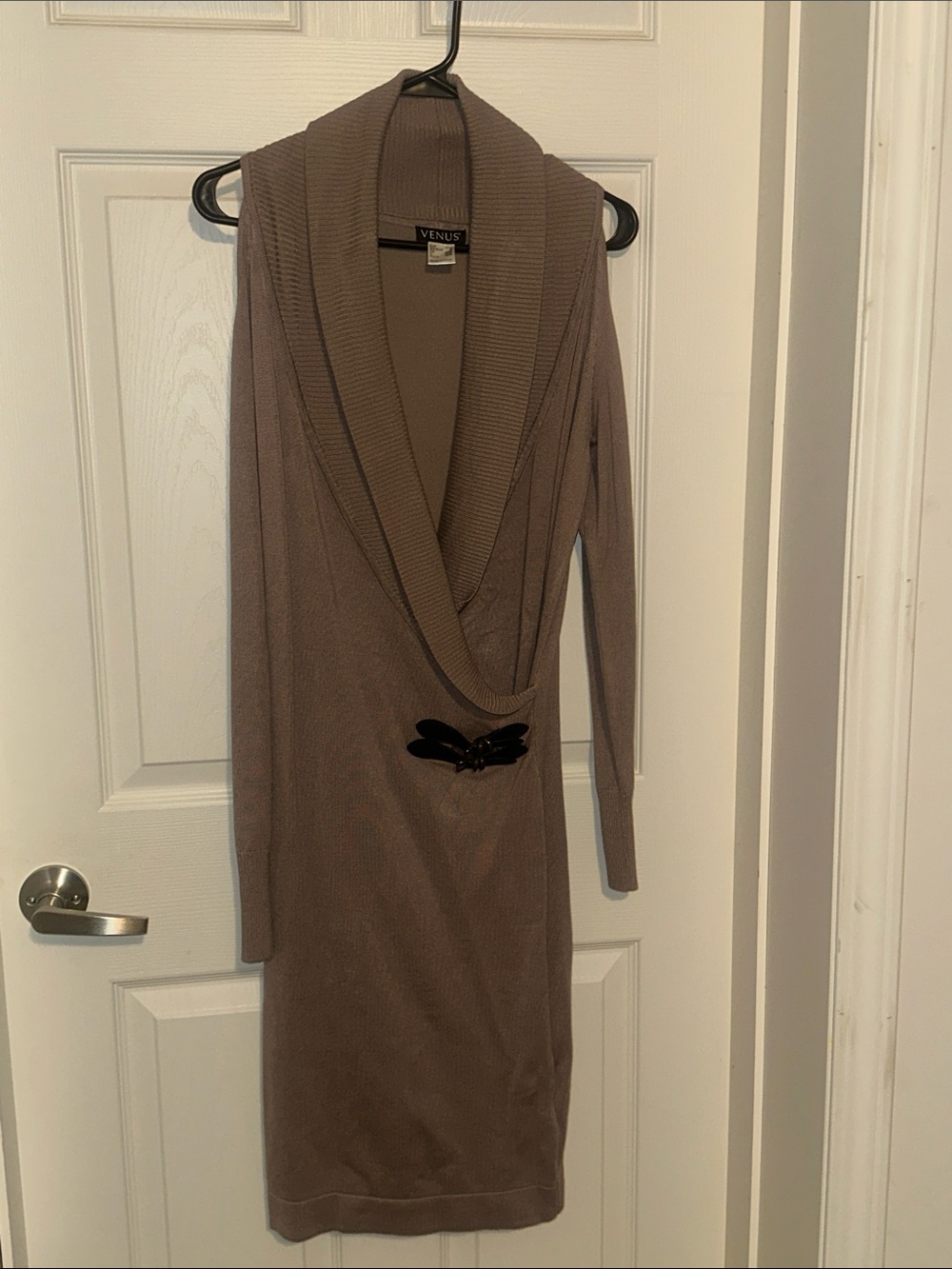 VENUS Taupe Brown Long-Sleeve Shawl-Collar Sweater Dress